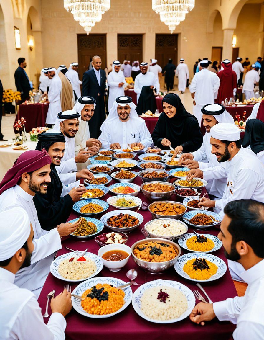 A heartwarming scene capturing a diverse group of people sharing traditional Qatari dishes at a vibrant community gathering, with intricate Arabic calligraphy art in the background, colorful Qatar flags adorning the space, and radiant smiles reflecting a sense of unity and cultural richness. warm colors. super-realistic. vibrant atmosphere.