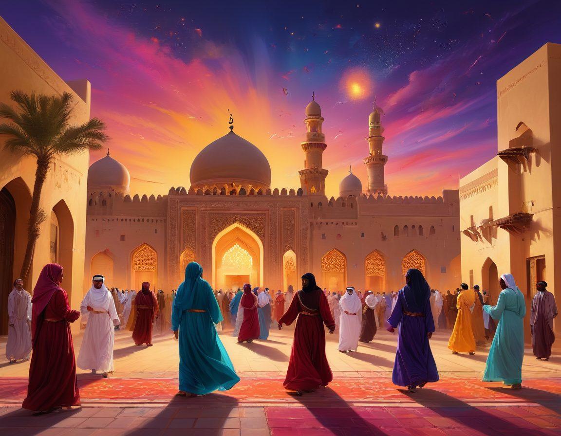 A vibrant depiction of Qatari society, showcasing diverse people engaged in various forms of artistic expression like painting, dance, and music. The background features traditional Qatari architecture blended with abstract emotions, symbolizing joy and community. Bright colors highlight the cheerful atmosphere, while subtle motifs of cultural symbols weave throughout the scene. digital painting. vibrant colors. contemporary style.