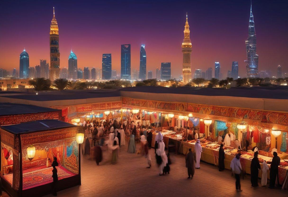 A vibrant scene depicting the rich tapestry of Arab culture in Qatar, featuring a bustling market with traditional Qatari stalls, colorful textiles, and ornate lanterns. In the foreground, a group of diverse people sharing laughter and stories, dressed in traditional attire, surrounded by intricate patterns and motifs inspired by Arabic calligraphy. The backdrop should showcase the stunning architecture of Doha, blending modern skyscrapers with historic buildings. Focus on capturing the warmth and emotions of cultural traditions. super-realistic. vibrant colors. 3D.